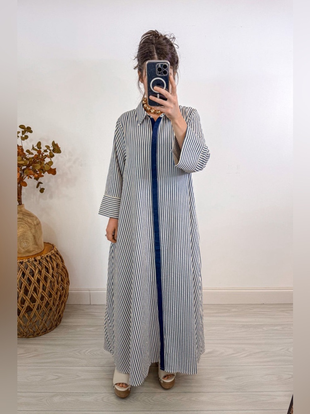 NEW Entro Striped Maxi Shirt Dress with Navy Placket - Size Large